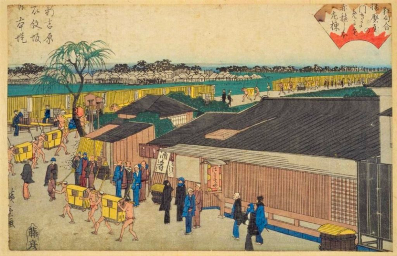 Ukiyo-e art depicting a Japanese village